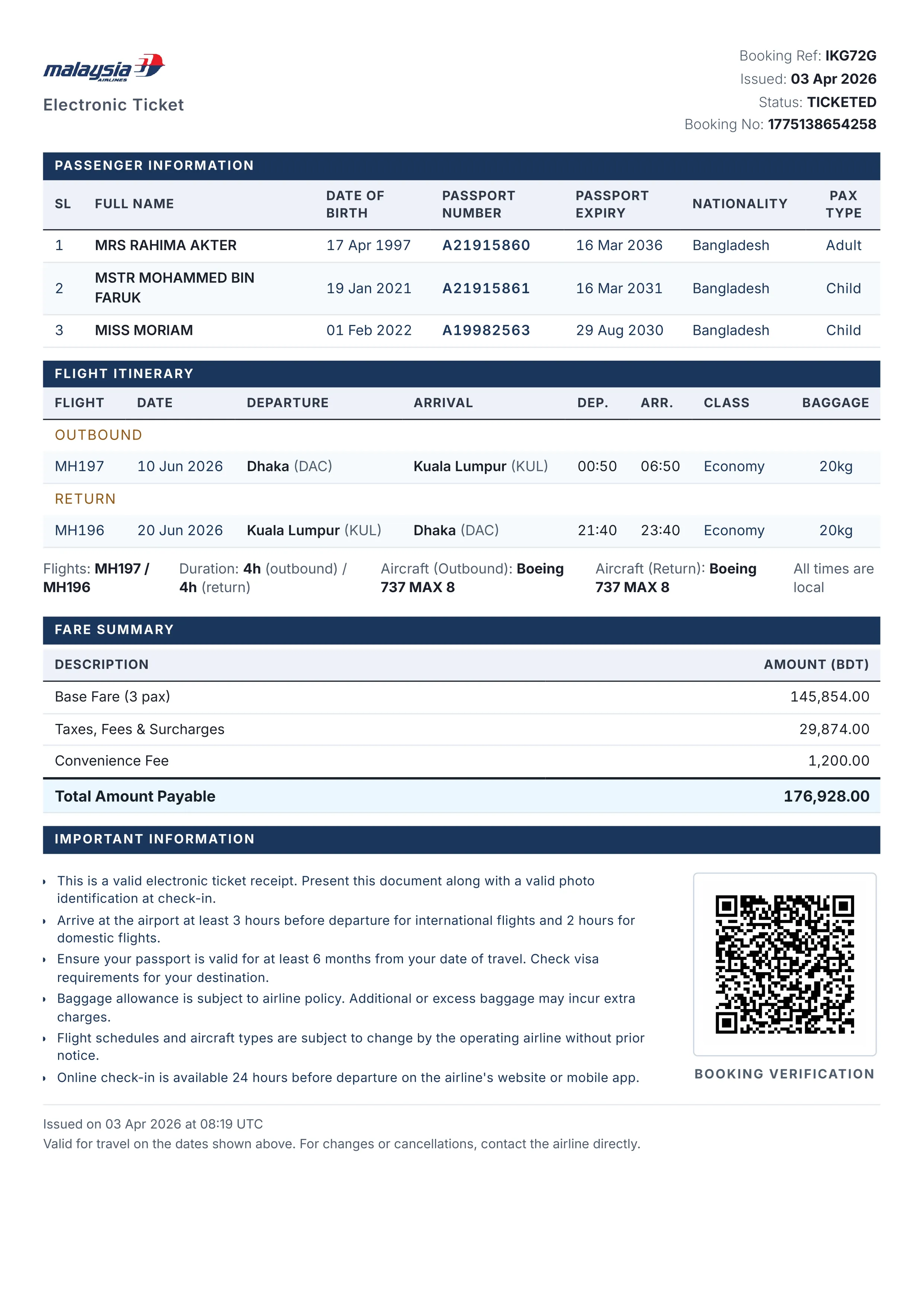 Sample eTicket showing passenger details, flight itinerary, and QR code